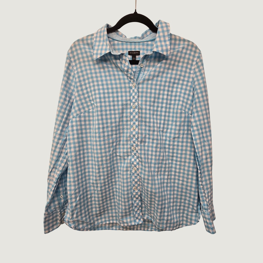 Talbots Blue White Gingham Button Front Shirt Size L Long Sleeve Preppy Classic
